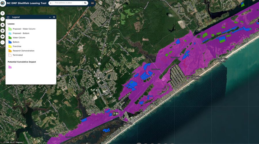 Topsail Sound and Stump Sound shellfish lease sites are color-coded on this screen grab from the North Carolina Division of Marine Fisheries' online Shellfish Siting Tool.