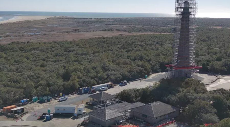 View of the Cape Hatteras Lighthouse with exterior paint removed. Photo: National Park Service