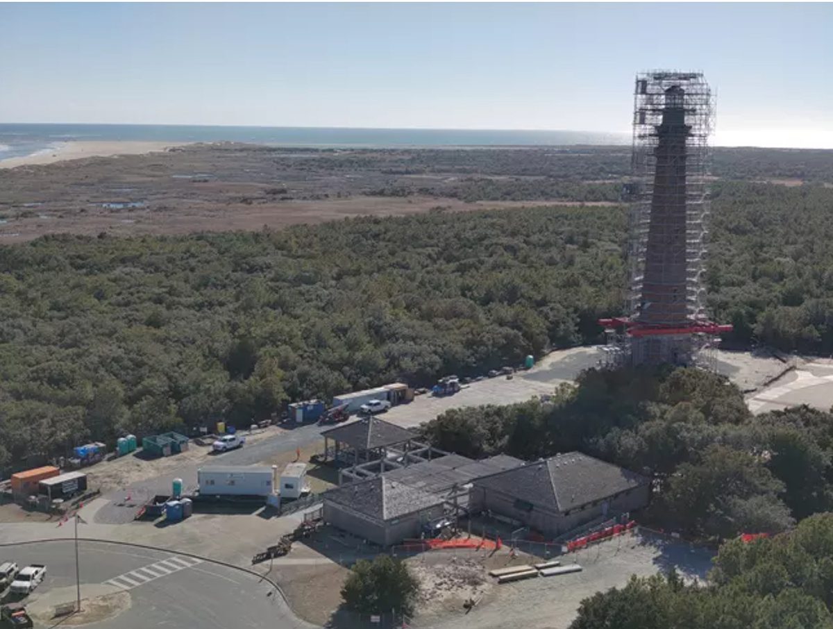 View of the Cape Hatteras Lighthouse with exterior paint removed. Photo: National Park Service