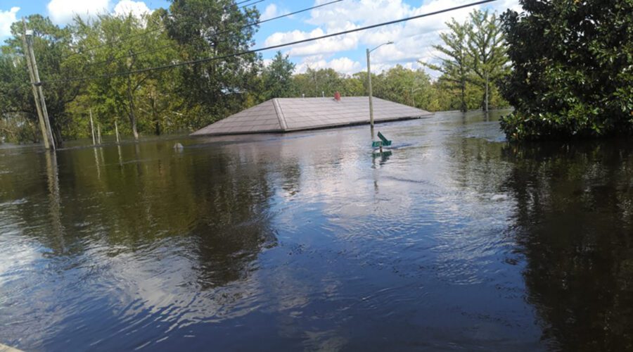 Floodwaters from the Trent River reach the roof of the Pollocksville Town Hall. Photo courtesy Mayor Jay Bender.