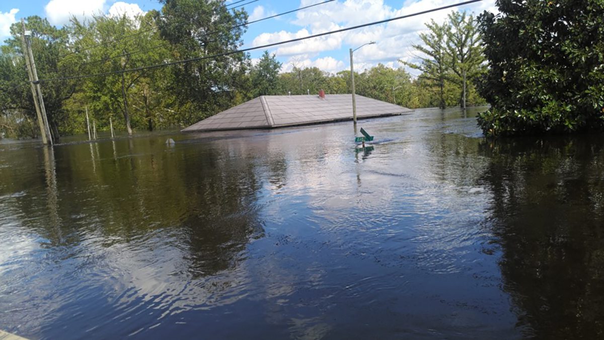 Floodwaters from the Trent River reach the roof of the Pollocksville Town Hall. Photo courtesy Mayor Jay Bender.