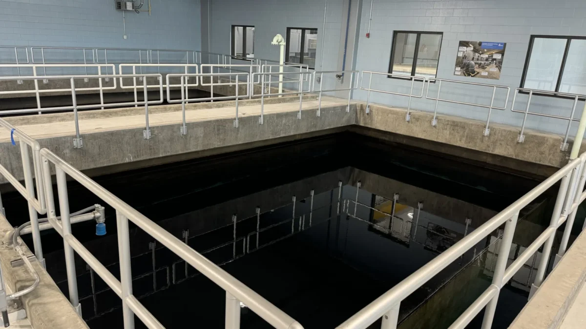 At the Cape Fear Public Utility Authority's Sweeney Treatment Plant, water flows into deep granular activated carbon filters, which remove PFAS. Then, the water receives ultraviolet disinfection before entering a finished water storage tank. Credit: Will Atwater