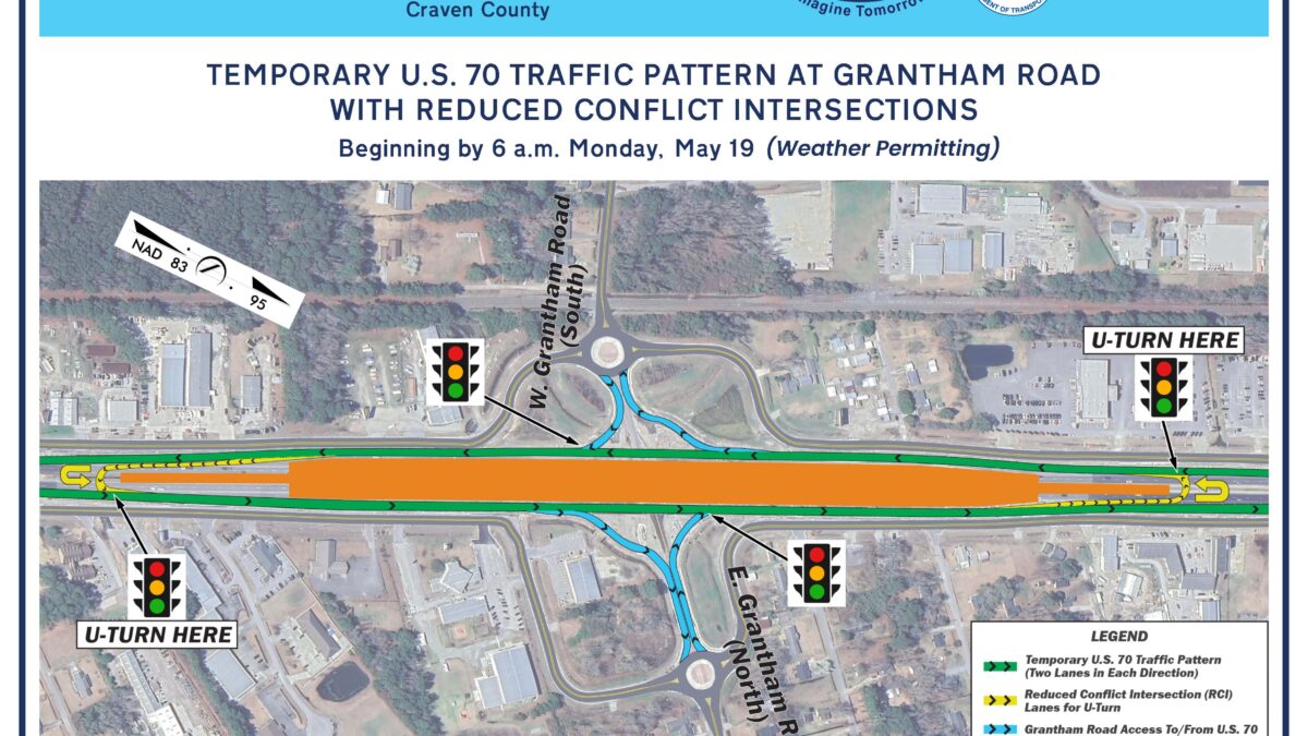 Transportation officials plan to put in place a temporary traffic pattern over the weekend for a section of U.S. 70 in James City during bridge construction. Graphic: NCDOT