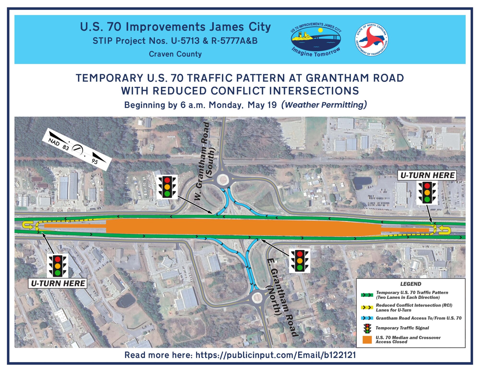 Transportation officials plan to put in place a temporary traffic pattern over the weekend for a section of U.S. 70 in James City during bridge construction. Graphic: NCDOT