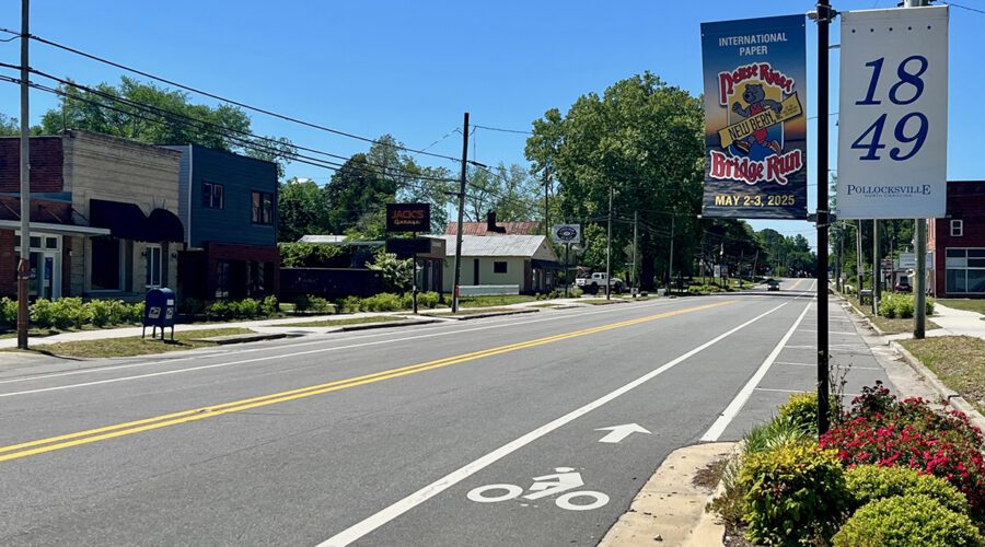 A bike path, banners and planters are displayed along U.S. Highway 17, Pollocksville's main street. Photo: Frank Tursi