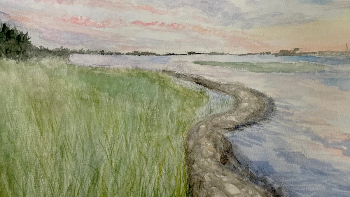 The soft boundary of living shoreline works with the marsh. Painting: Ava Kocher