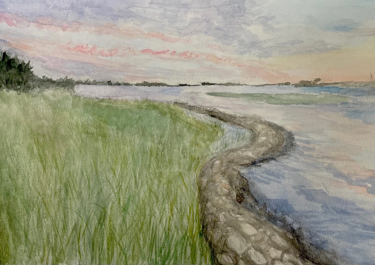 The soft boundary of living shoreline works with the marsh. Painting: Ava Kocher