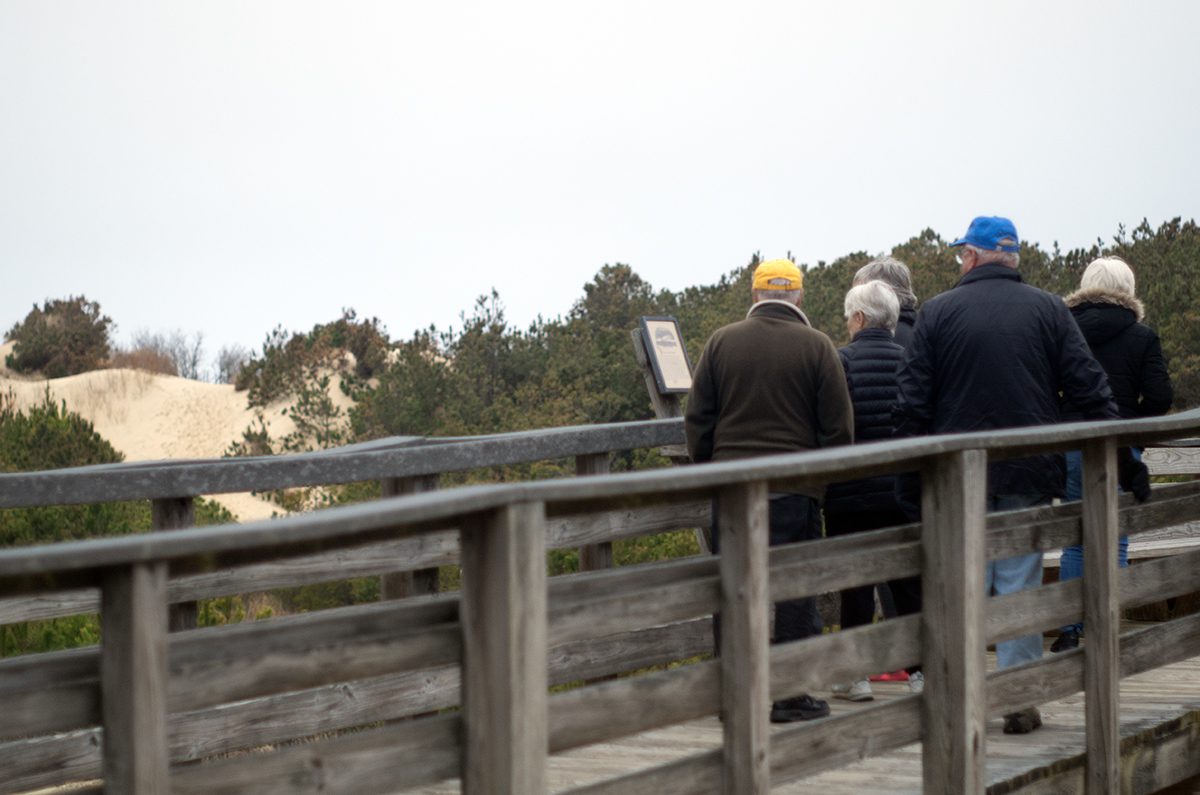 Visitors view the massive dune at Jockeys Ridge State Park from the boardwalk platform in March. Photo: Mark Hibbs