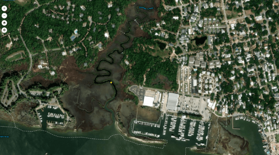 The yellow mark on this Recreational Water Advisory Status Public Map indicates where the W. West Street public kayak launch is located. Map: NCDEQ