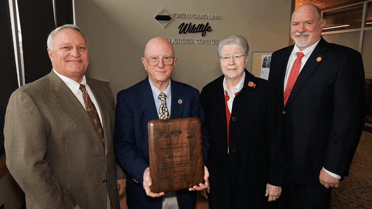 Dr. Reid Wilson Laney of Raleigh accepts the N.C. Wildlife Resources Commission’s 2024 Thomas L. Quay Wildlife Diversity Award. Photo: WRC