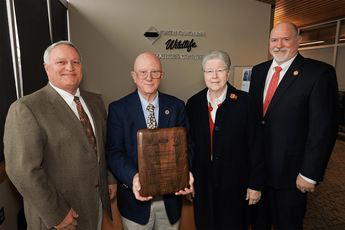 Dr. Reid Wilson Laney of Raleigh accepts the N.C. Wildlife Resources Commission’s 2024 Thomas L. Quay Wildlife Diversity Award. Photo: WRC
