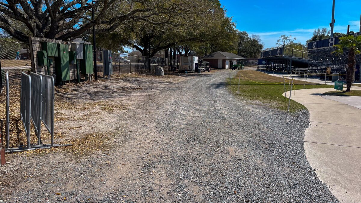 Work has begun to upfit a 250-foot service road, shown here, with permeable materials at the newly renovated Brooks Field at the University of North Carolina Wilmington. Photo: NC Coastal Federation