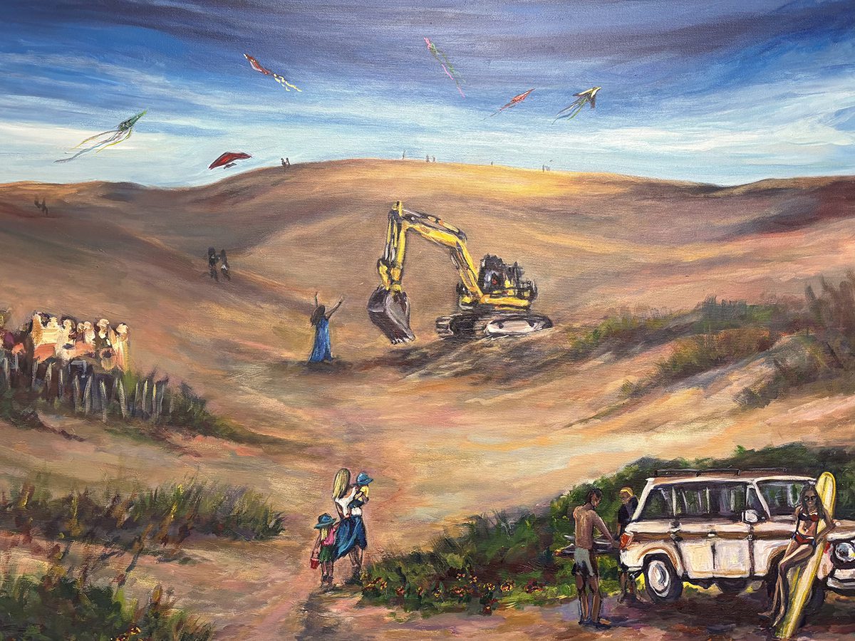 A painting displayed at the event depicts Carolista Baum’s confrontation, except she had stood in front of a bulldozer, rather than an excavator as portrayed here.