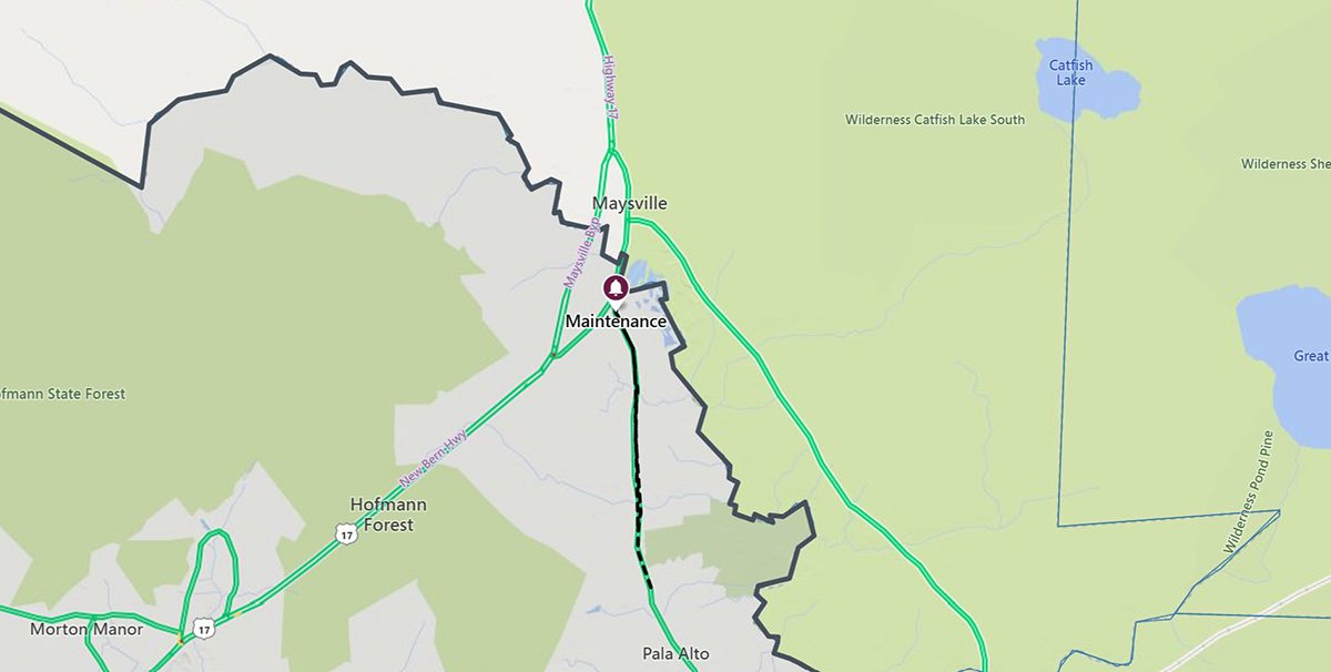 The North Carolina Department of Transportation says crews will close a portion of Belgrade-Swansboro Road near Riggs Road south of Maysville at 8 a.m. Monday. Map: DriveNC.gov