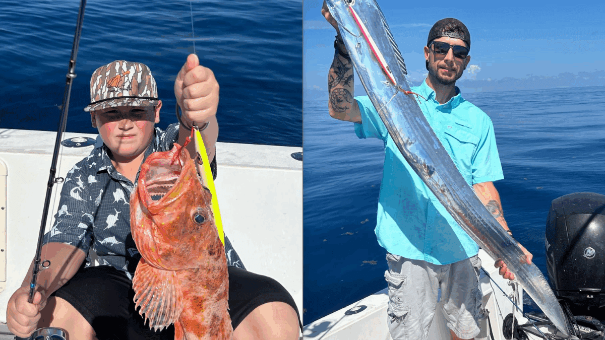 Oden Hopkins, left, and his state record spinycheek scorpionfish. Jody Hopkins and his state record Channel Scabbardfish. Photos: DMF