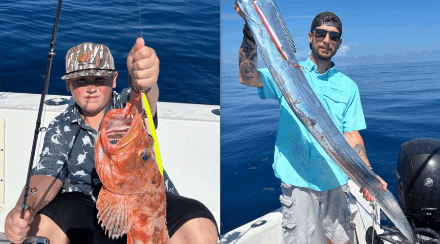 Oden Hopkins, left, and his state record spinycheek scorpionfish. Jody Hopkins and his state record Channel Scabbardfish. Photos: DMF
