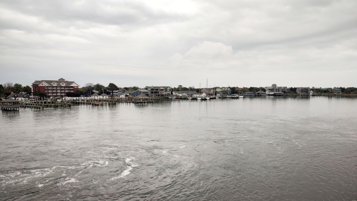 Ocracoke Harbor as seen from aboard a state-run vehicle ferry as it approaches the ferry terminal in Silver Lake. Photo: Jennifer Allen
