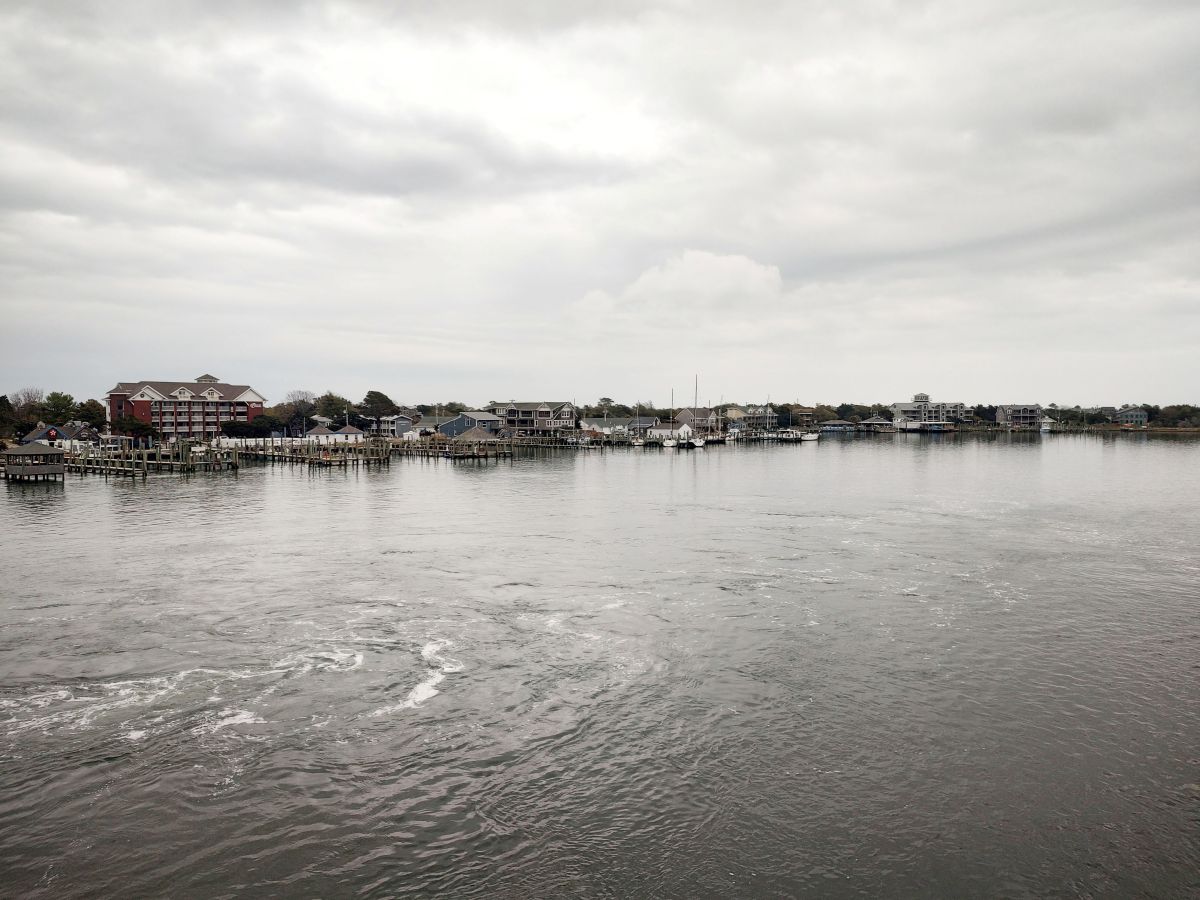 Ocracoke Harbor as seen from aboard a state-run vehicle ferry as it approaches the ferry terminal in Silver Lake. Photo: Jennifer Allen
