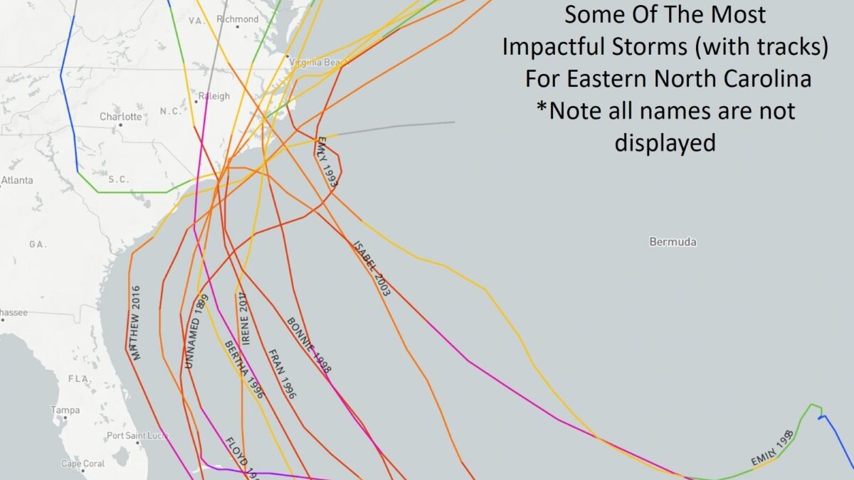 National Weather Service map showing the paths of some of the most impactful storms for eastern North Carolina.