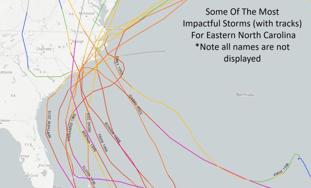 National Weather Service map showing the paths of some of the most impactful storms for eastern North Carolina.
