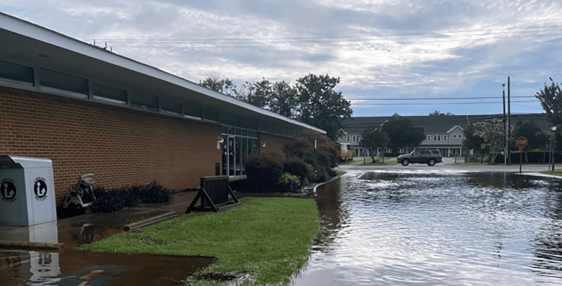 The flooding at and around the Manteo Library was caused by a storm that arrived Thursday with rainfall that continued overnight. Photo: Dare County