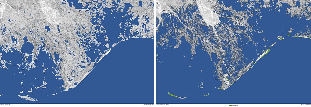 These NOAA photos show the extent of land loss from 1932, left, and 2011. That thin strand in the 2011 photo is threatened LA-1.