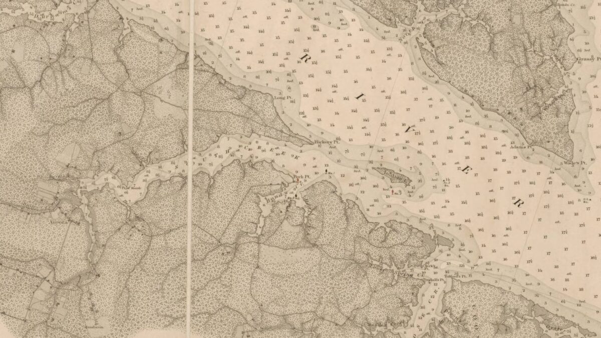 The town of Aurora (the former site of Betty Town) can be seen here on South Creek, ca. 1884. (Focus in on the center of the left third of the map.) The large body of water cutting across the map is the Pamlico River. On the far right, we can see the mouth of the Pungo River. Detail from A. D. Bache, Aids to Navigation Corrected to 1884 (U.S. Coast and Geodetic Survey, 1884). Courtesy, North Carolina Collection, Wilson Library, UNC Chapel Hill