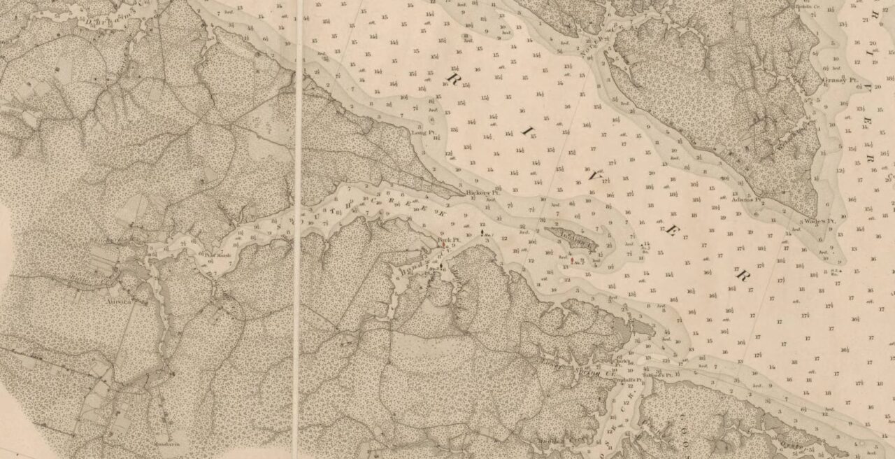 The town of Aurora (the former site of Betty Town) can be seen here on South Creek, ca. 1884. (Focus in on the center of the left third of the map.) The large body of water cutting across the map is the Pamlico River. On the far right, we can see the mouth of the Pungo River. Detail from A. D. Bache, Aids to Navigation Corrected to 1884 (U.S. Coast and Geodetic Survey, 1884). Courtesy, North Carolina Collection, Wilson Library, UNC Chapel Hill