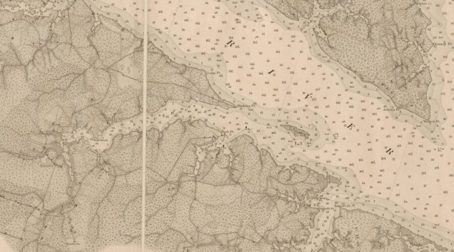The town of Aurora (the former site of Betty Town) can be seen here on South Creek, ca. 1884. (Focus in on the center of the left third of the map.) The large body of water cutting across the map is the Pamlico River. On the far right, we can see the mouth of the Pungo River. Detail from A. D. Bache, Aids to Navigation Corrected to 1884 (U.S. Coast and Geodetic Survey, 1884). Courtesy, North Carolina Collection, Wilson Library, UNC Chapel Hill