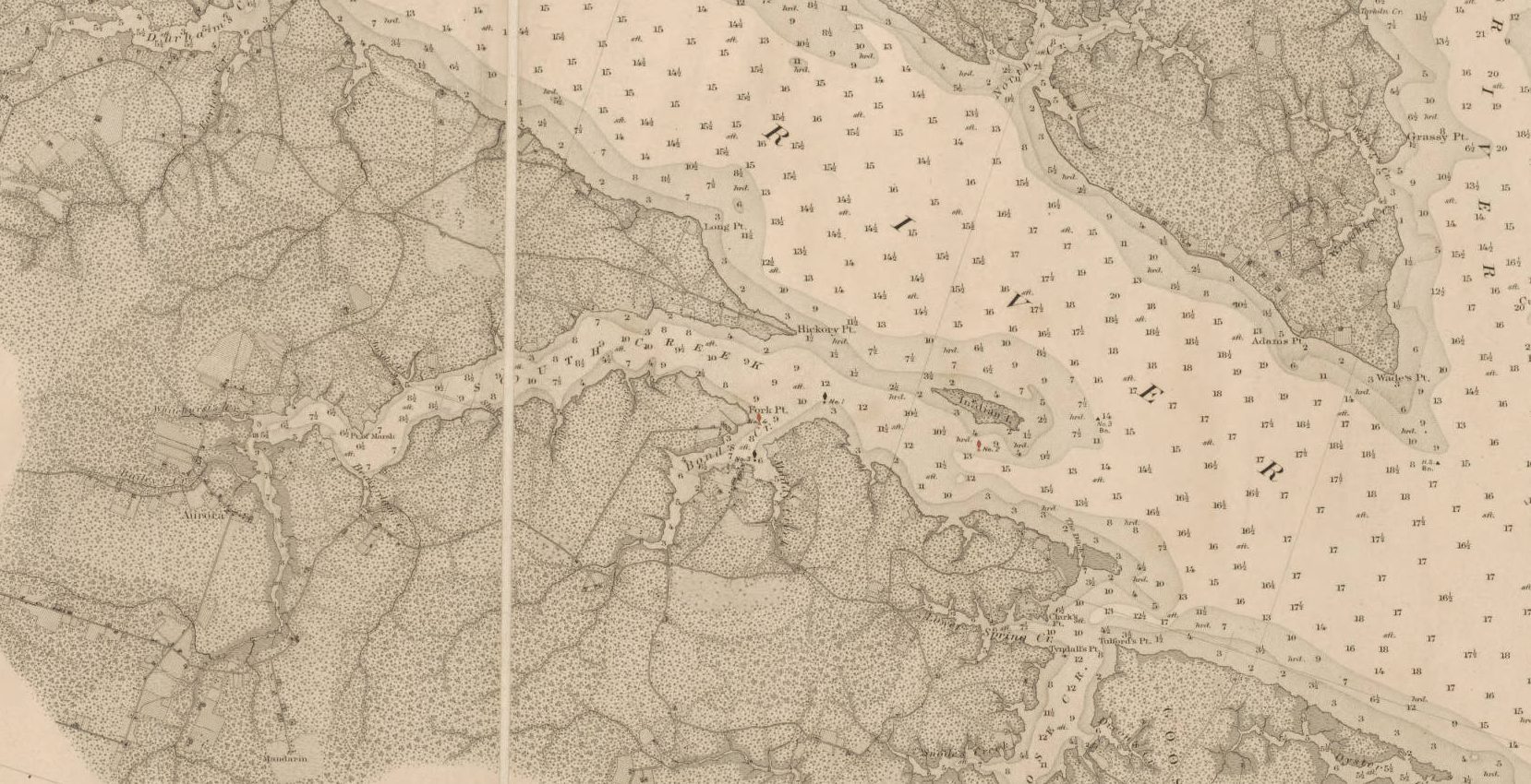 The town of Aurora (the former site of Betty Town) can be seen here on South Creek, ca. 1884. (Focus in on the center of the left third of the map.) The large body of water cutting across the map is the Pamlico River. On the far right, we can see the mouth of the Pungo River. Detail from A. D. Bache, Aids to Navigation Corrected to 1884 (U.S. Coast and Geodetic Survey, 1884). Courtesy, North Carolina Collection, Wilson Library, UNC Chapel Hill