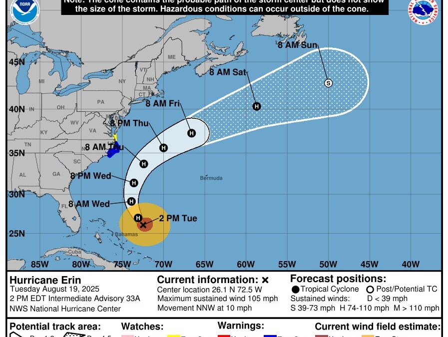 Hurricane Erin 2 p.m. Tuesday update. Graphic: National Weather Service