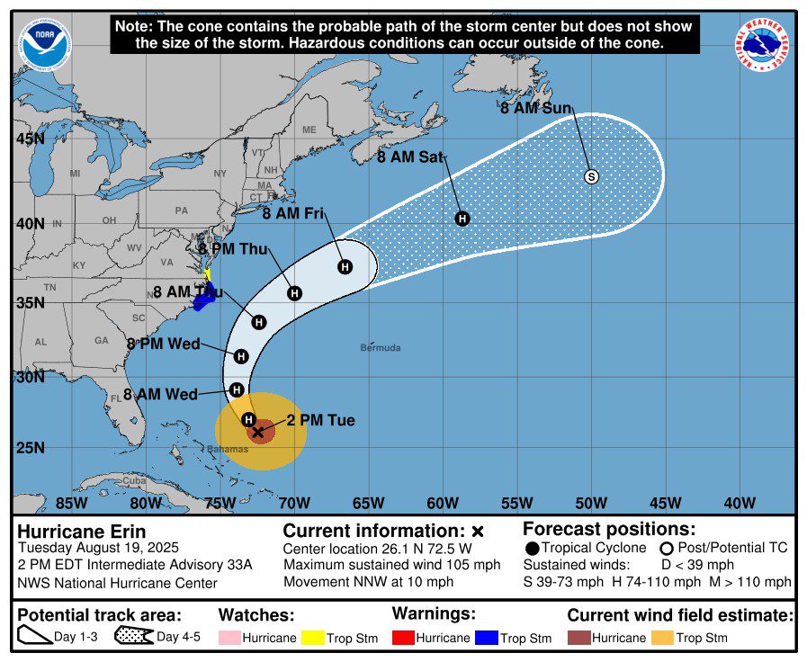 Hurricane Erin 2 p.m. Tuesday update. Graphic: National Weather Service
