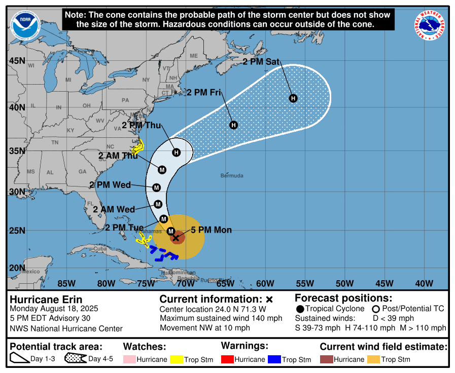 Hurricane Erin 5 p.m. Monday update. Graphic: National Weather Service