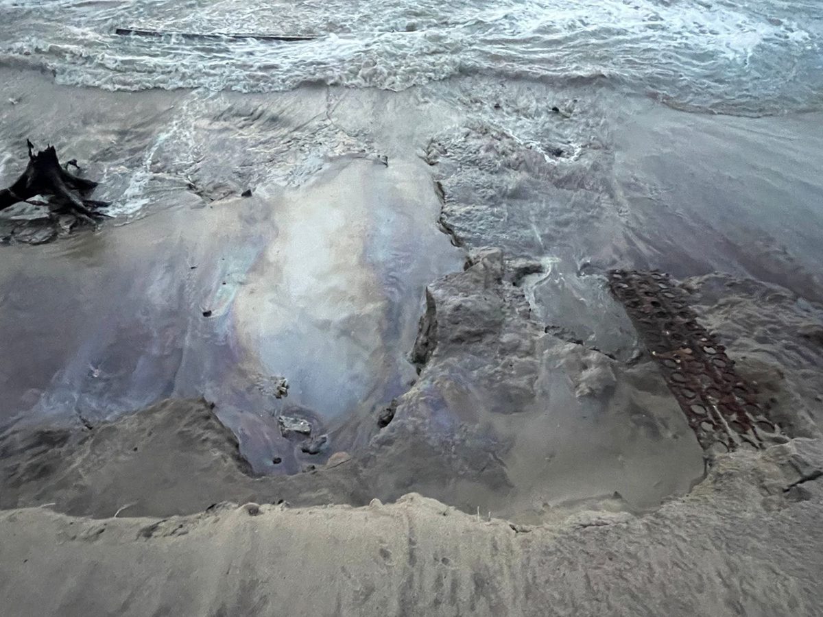 An oily sheen oozes from the recently exposed debris at Buxton near the Cape Hatteras Lighthouse. Photo courtesy Brian Harris.