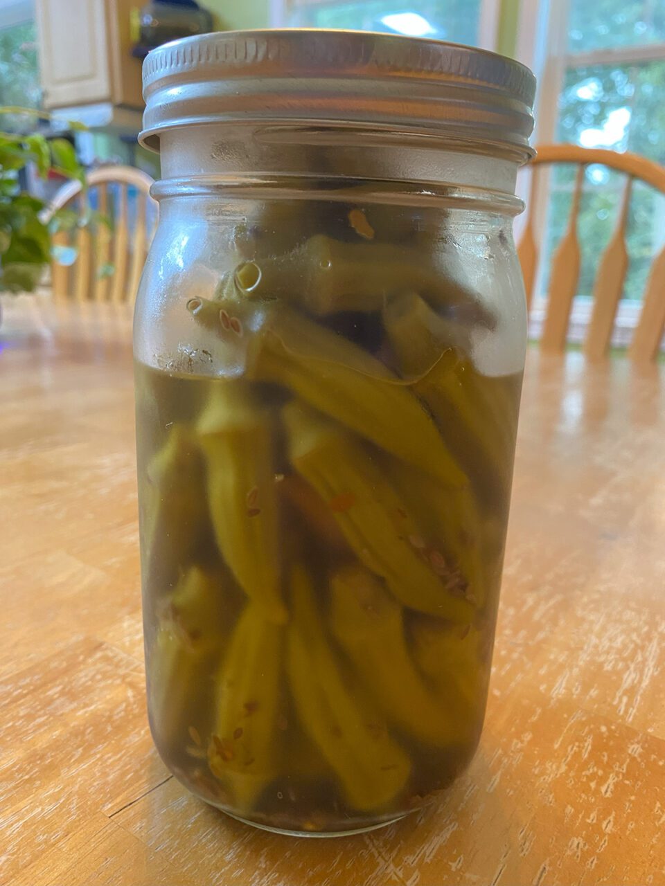 Pickled okra comes to life with a little extra crushed red pepper. Photo: Heidi Skinner