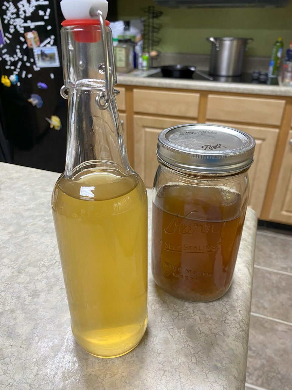 Here's a water kefir starter, right, and a twice-fermented water kefir "fizzy lifting drink." Chock full of probiotics, water kefir tastes kind of like mild cider. Fruit juices can be added to make different flavors of "soda." Photo: Heidi Skinner