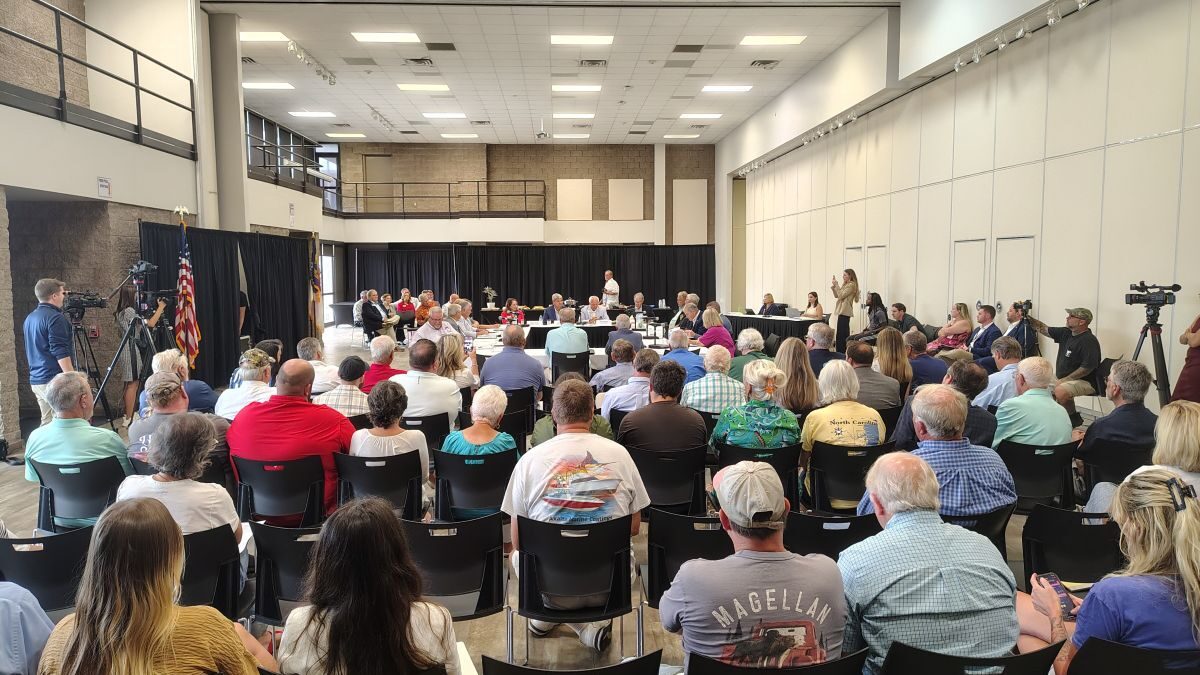 More than 100 were in the audience Tuesday afternoon for the first meeting of the North Carolina Coastal Counties Fisheries Coalition in the Crystal Coast Civic Center in Morehead City. Photo: Jennifer Allen