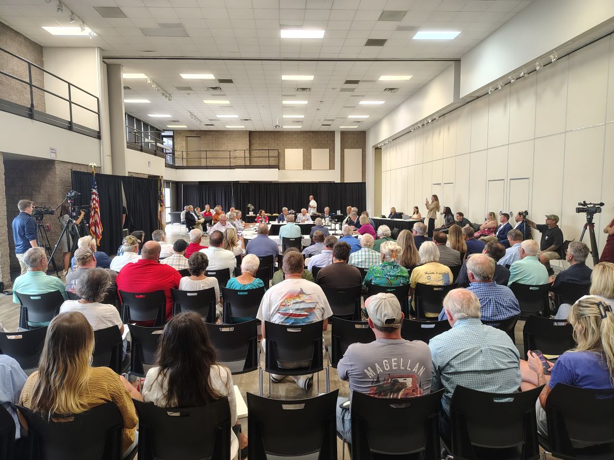 More than 100 were in the audience Tuesday afternoon for the first meeting of the North Carolina Coastal Counties Fisheries Coalition in the Crystal Coast Civic Center in Morehead City. Photo: Jennifer Allen