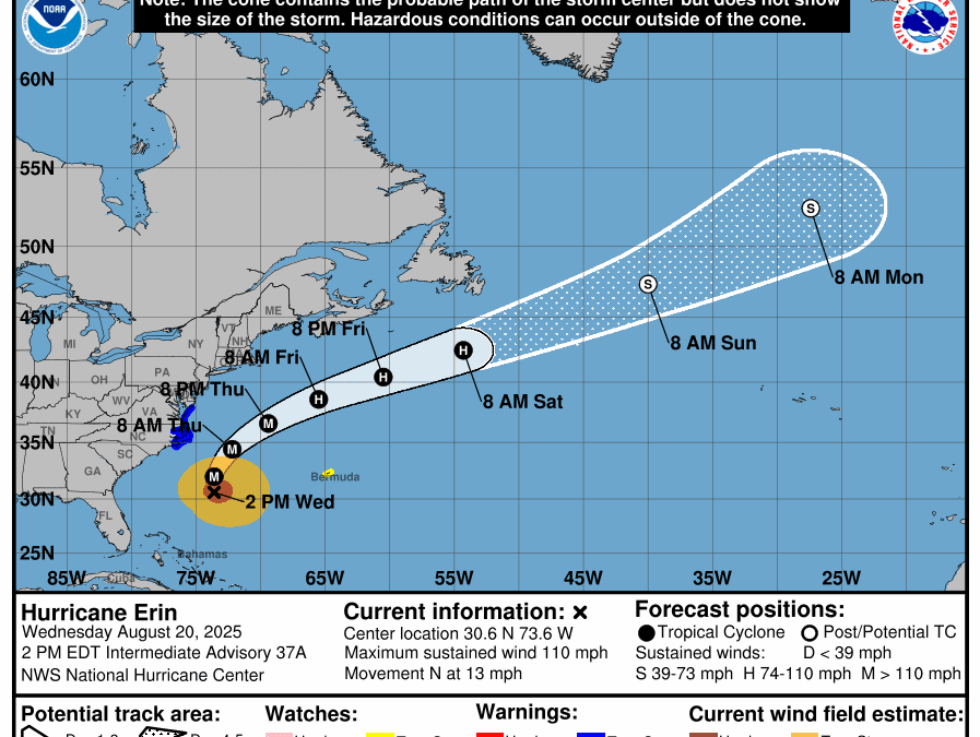 Hurricane Erin 2 p.m. Wednesday update. Graphic: National Weather Service
