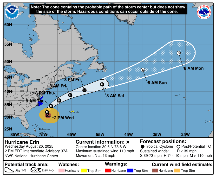 Hurricane Erin 2 p.m. Wednesday update. Graphic: National Weather Service