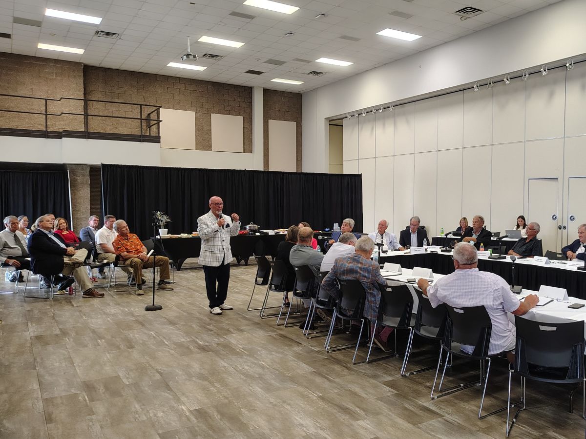 Sen. Bobby Hanig, R-Currituck, addresses the crowd and members of the North Carolina Coastal Counties Fisheries Coalition during the newly formed organization's first meeting Tuesday afternoon in the Crystal Coast Civic Center in Morehead City. Photo: Jennifer Allen
