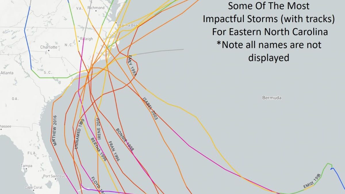 This graphic by the National Weather Service shows the tracks of more than 30 storm that have impacted the North Carolina Coast.