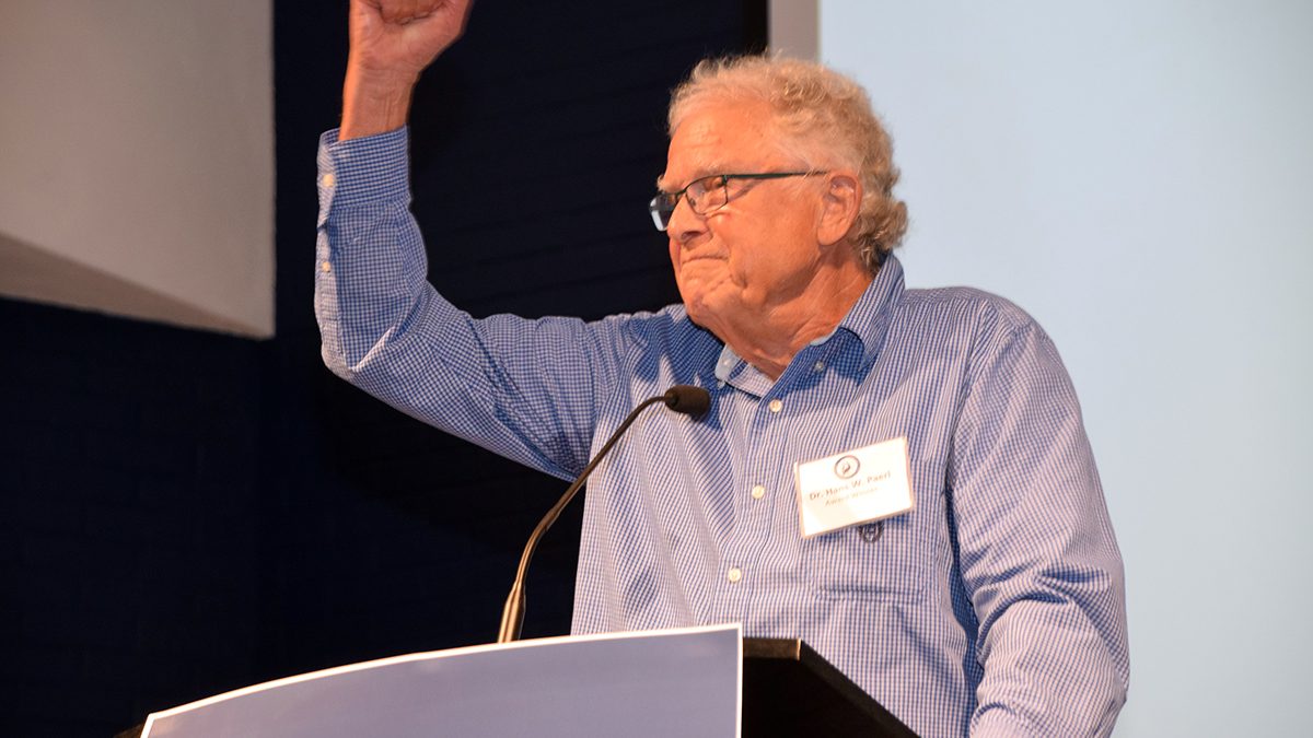 Dr. Hans Paerl, a William R. Kenan Professor of Marine and Environmental Sciences at the University of North Carolina for the past 47 years, speaks during the North Carolina Coastal Federation's annual Pelican Awards Saturday in Morehead City. Photo: Mark Hibbs