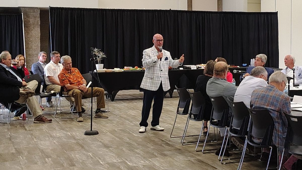 Sen. Bobby Hanig, R-Currituck, addresses the crowd and members of the North Carolina Coastal Counties Fisheries Coalition during the newly formed organization's first meeting Aug. 5 in the Crystal Coast Civic Center in Morehead City. Photo: Jennifer Allen