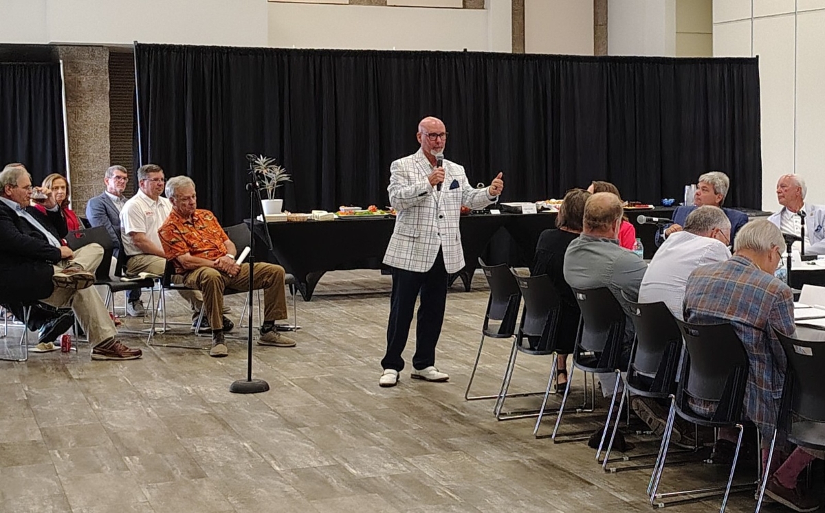 Sen. Bobby Hanig, R-Currituck, addresses the crowd and members of the North Carolina Coastal Counties Fisheries Coalition during the newly formed organization's first meeting Aug. 5 in the Crystal Coast Civic Center in Morehead City. Photo: Jennifer Allen