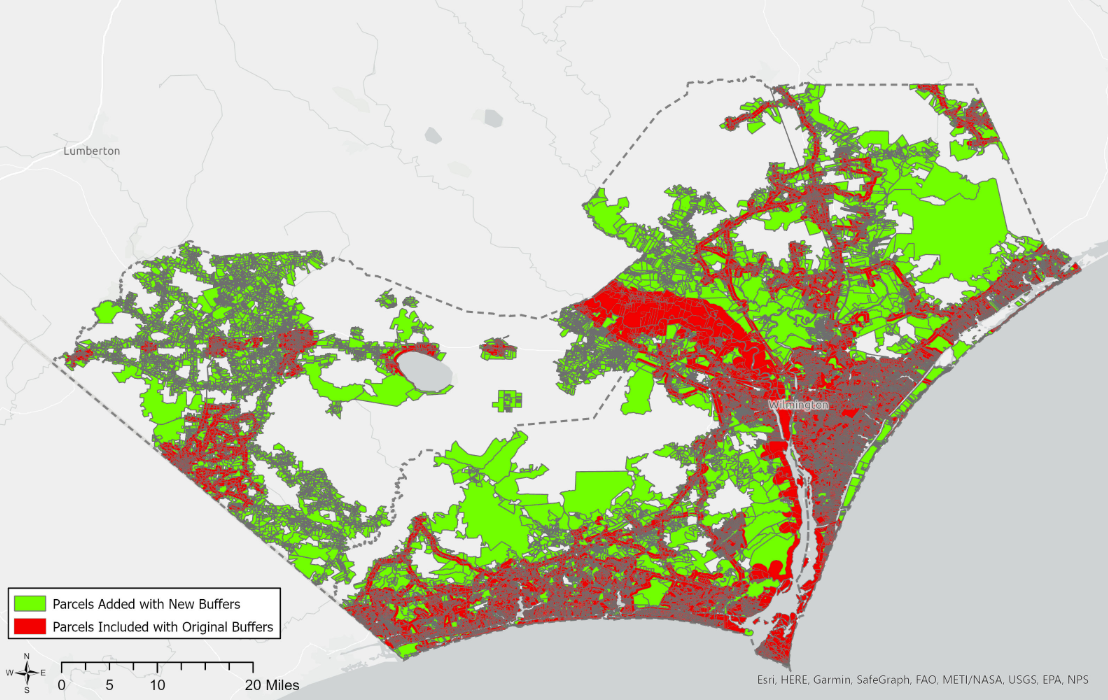 The areas marked in green have been added to the list of private drinking water wells eligible for PFAS contamination sampling. N.C. Department of Environmental Quality