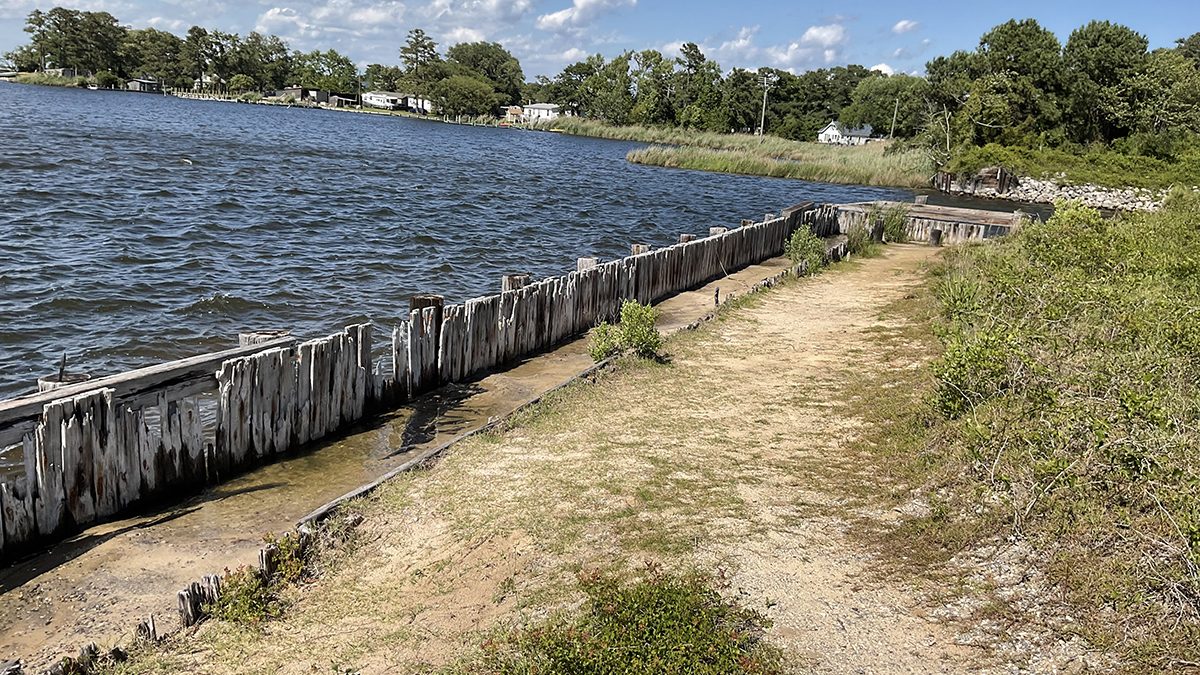 Officials say the area, on the north side of Colington Road across from the Colington Fire Department, has seen a deterioration of the bulkhead and its surroundings. Photo: NCDOT
