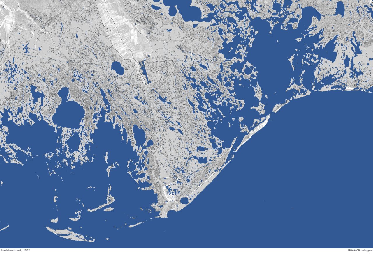 hese NOAA photos show the extent of land loss from 1932, left, and 2011. That thin strand in the 2011 photo is threatened LA-1. Port Fourchon is perched at the end of the road.