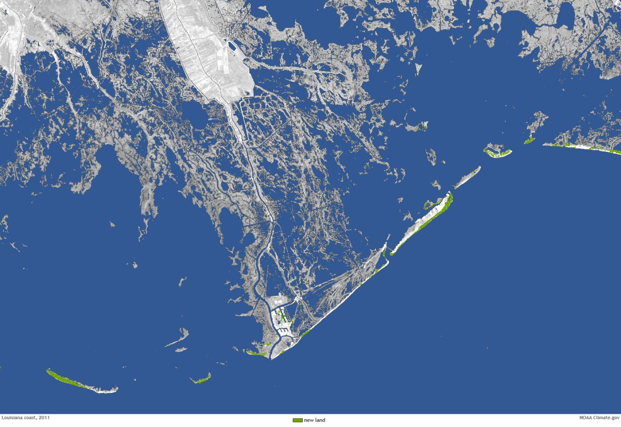 hese NOAA photos show the extent of land loss from 1932, left, and 2011. That thin strand in the 2011 photo is threatened LA-1. Port Fourchon is perched at the end of the road.