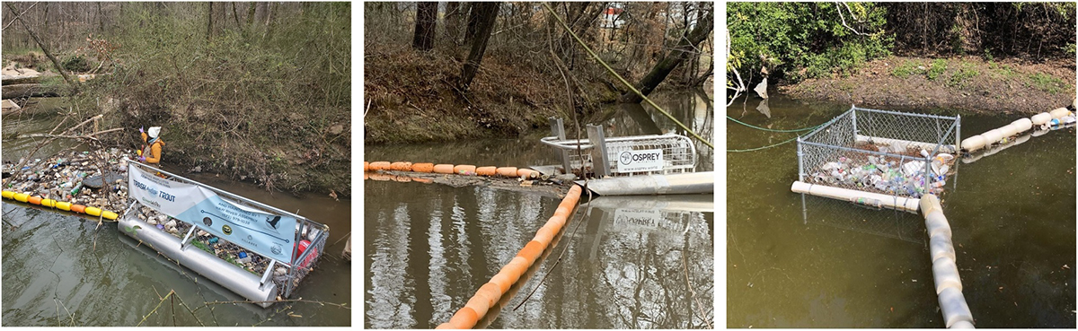 Shown in this photo from the study are, from left, Asheville Greenworks' “Trash Trout Jr.” installed in Third Fork Creek in Durham, Osprey Initiative's “Litter Gitter” installed in Durharts Creek in Gastonia, and a homemade trap installed in a tributary of Burnt Mill Creek in Wilmington.